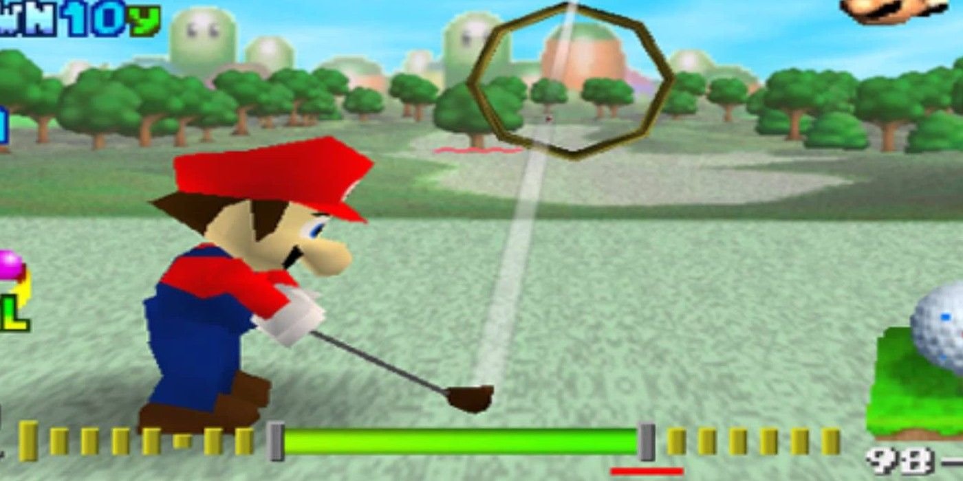 Mario teeing off in Mario Golf (N64)