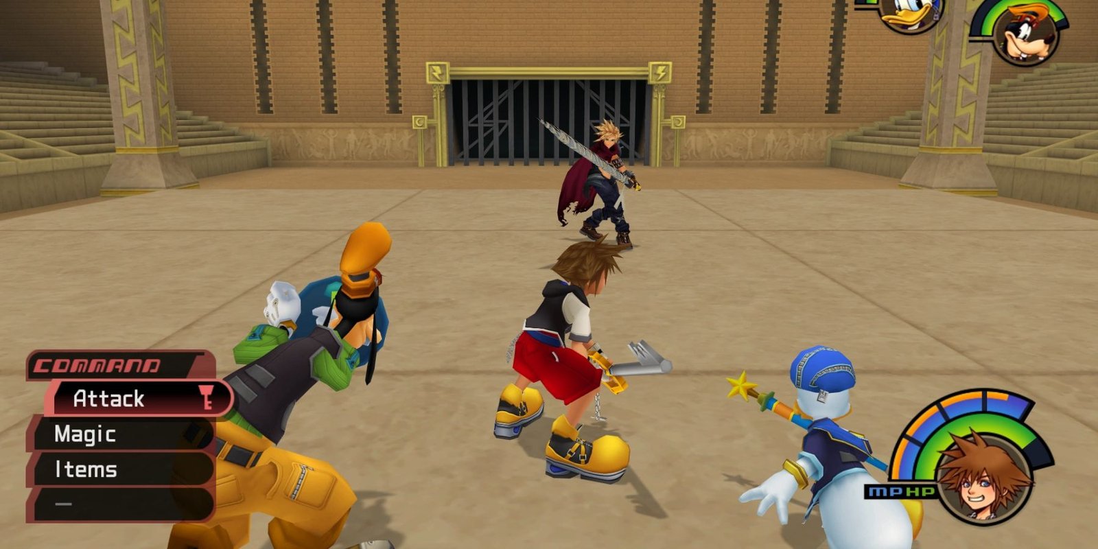 Sora, Donald, and Goofy face Cloud in Kingdom Hearts 1