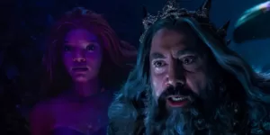 Animated Ariel and live-action Ariel and Ursula in The Little Mermaid