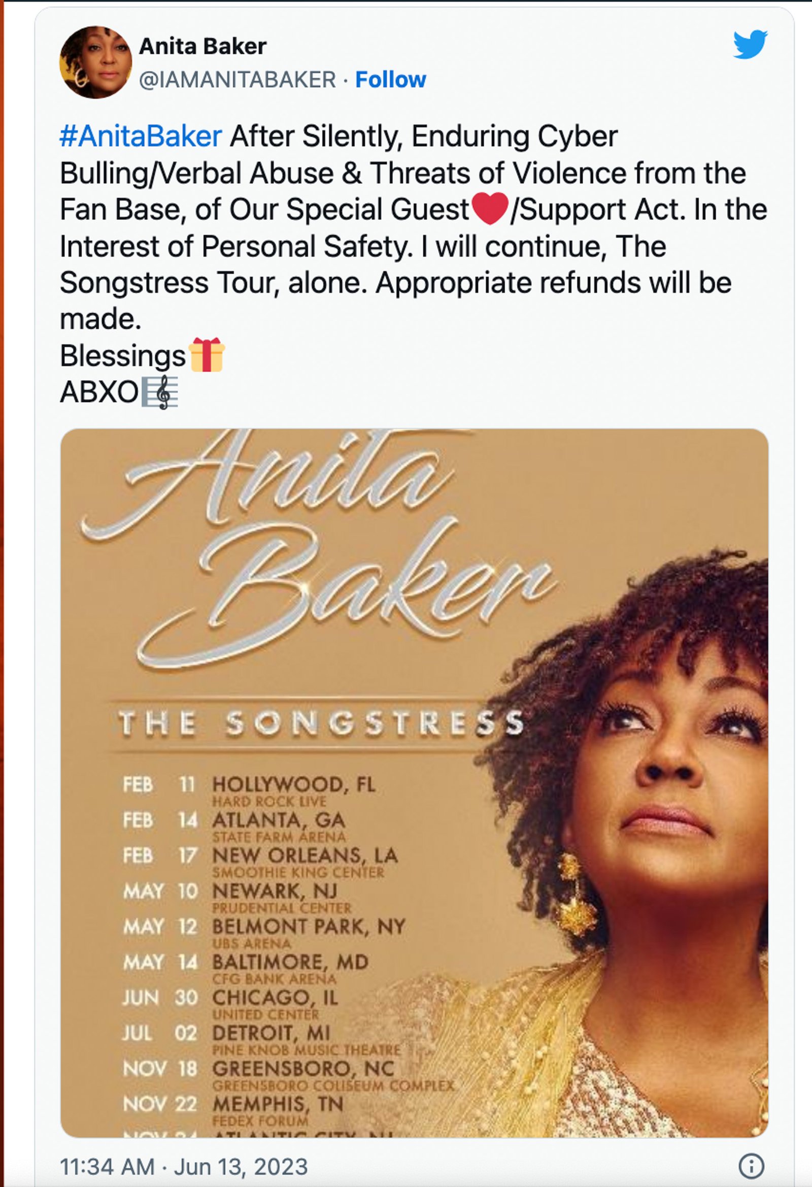 A screenshot of Anita Baker's tweet and tour dates.