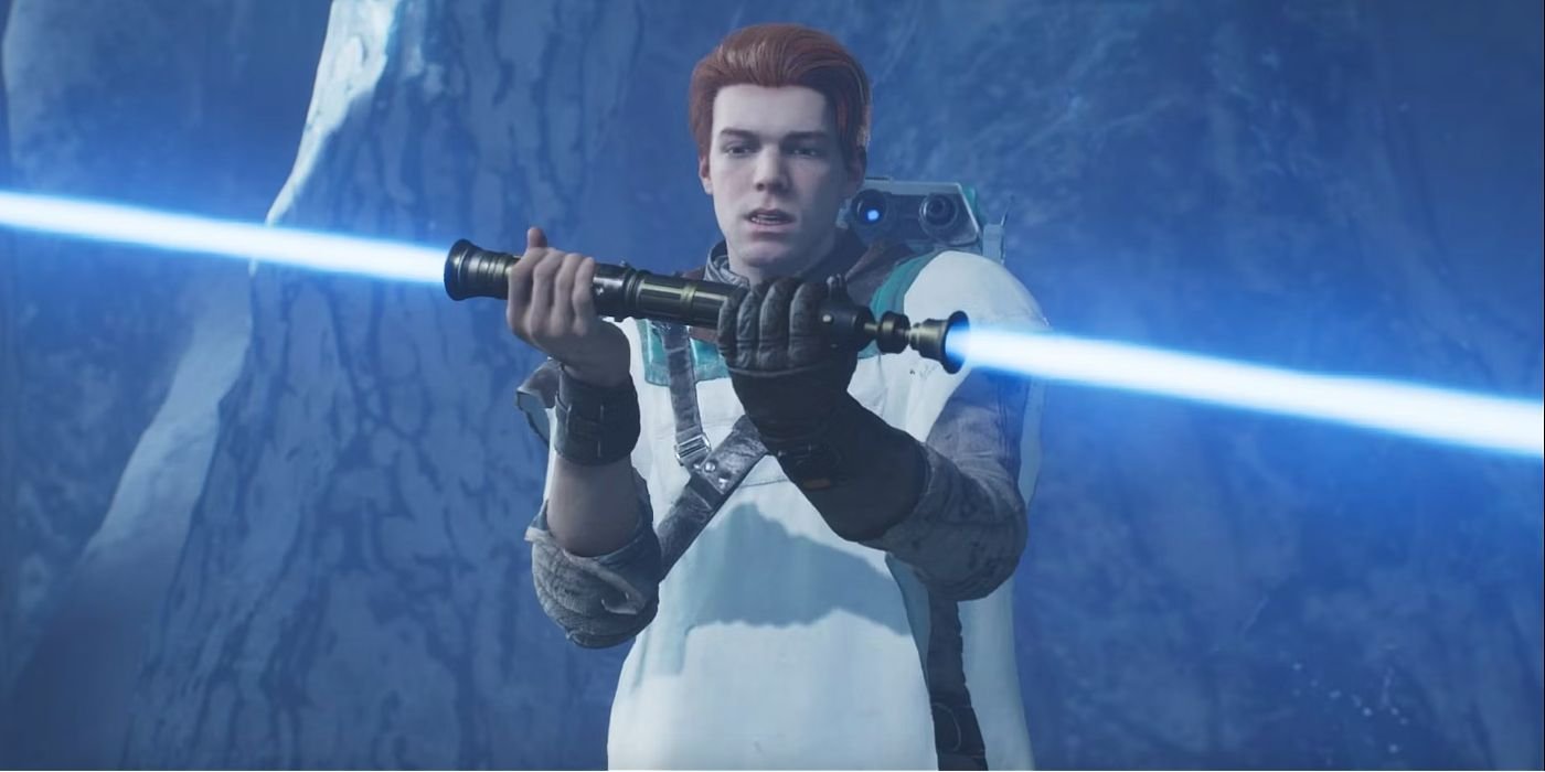 Cal Kestis from Star Wars Jedi: Fallen Order. Cal is activating his blue double-bladed lightsaber in the icy caves of Ilum.