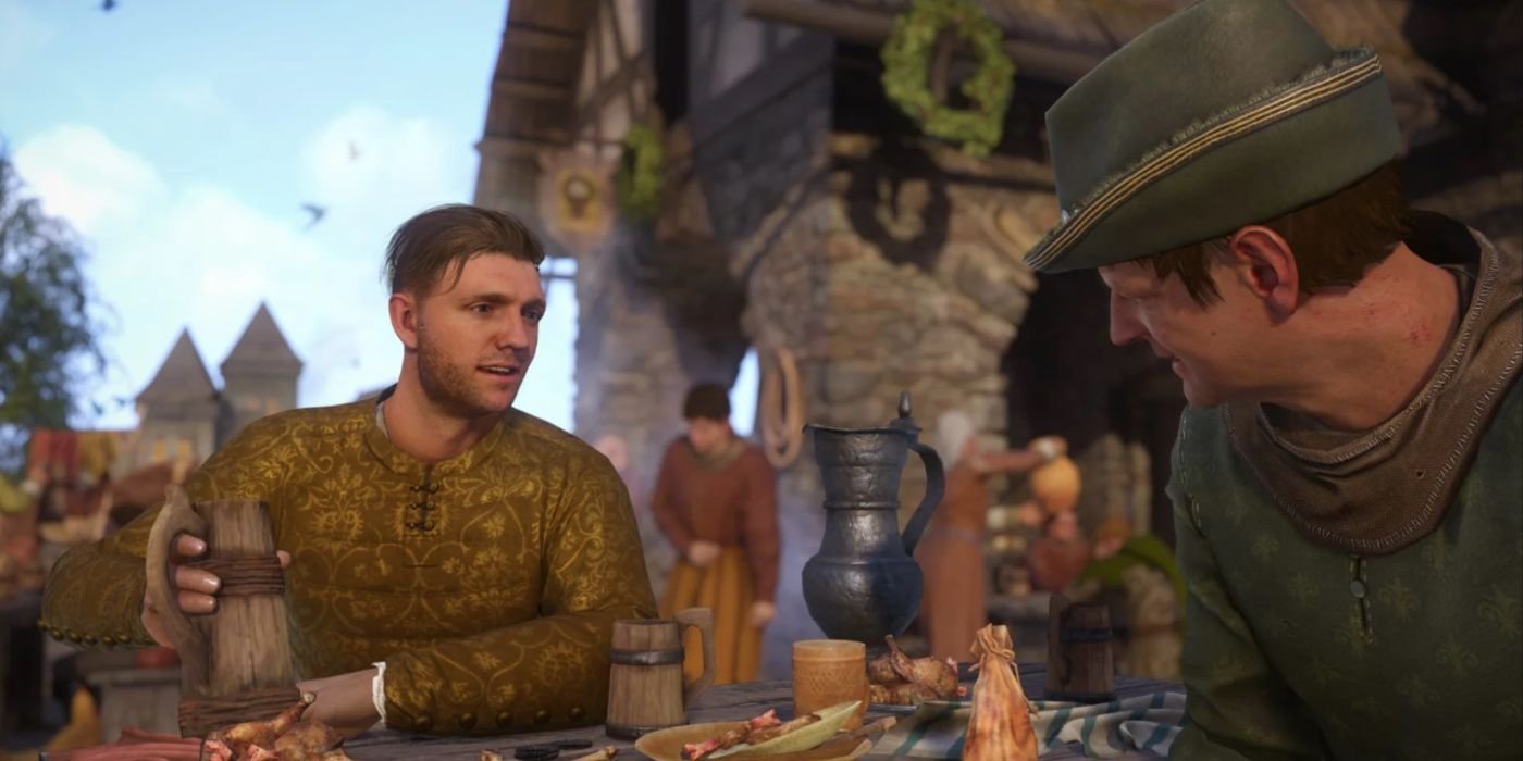 Henry drinking with an NPC in Kingdom Come: Deliverance