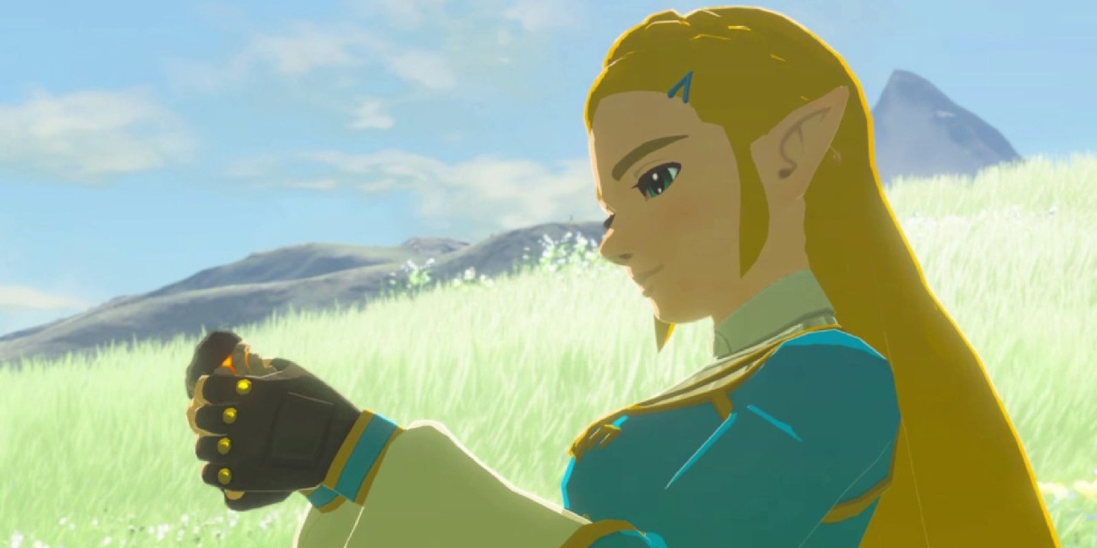 Princess Zelda standing in an open field in Hyrule looking at her Sheikah Slate