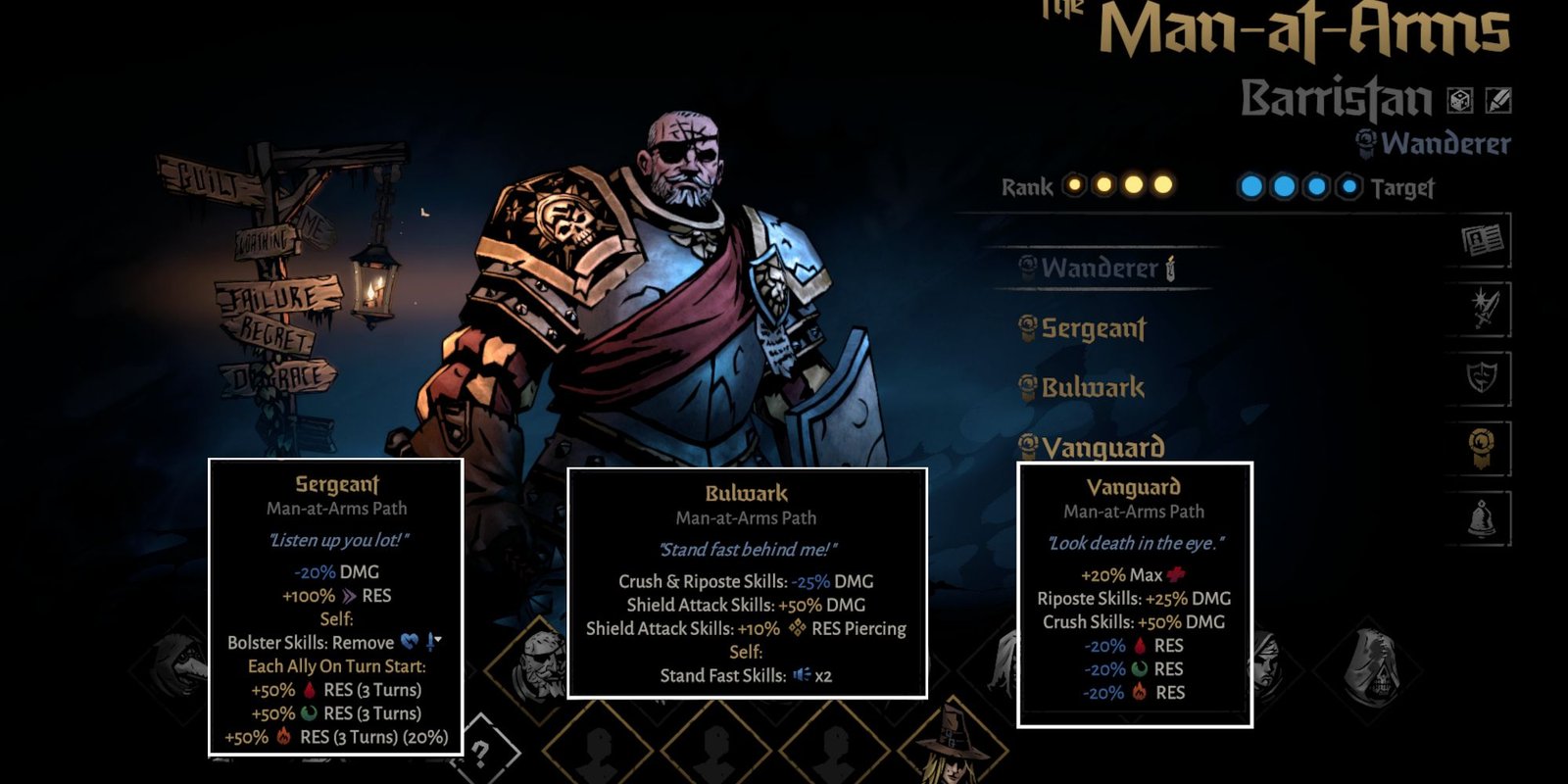 Man-At-Arms path choices in menu in Darkest Dungeon 2