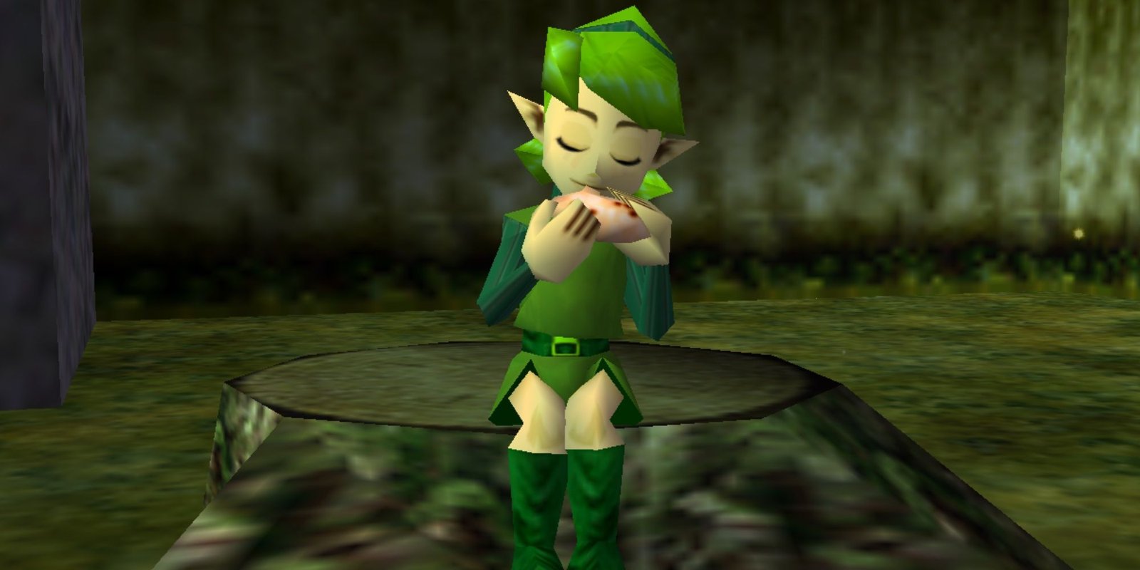 SAria playing her ocarina while sitting on top of a tree stump