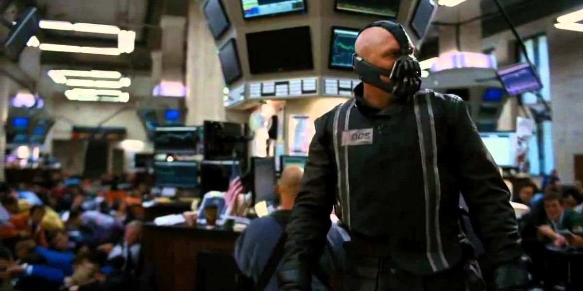 bane in the dark knight rises standing inside the gotham stock exchange