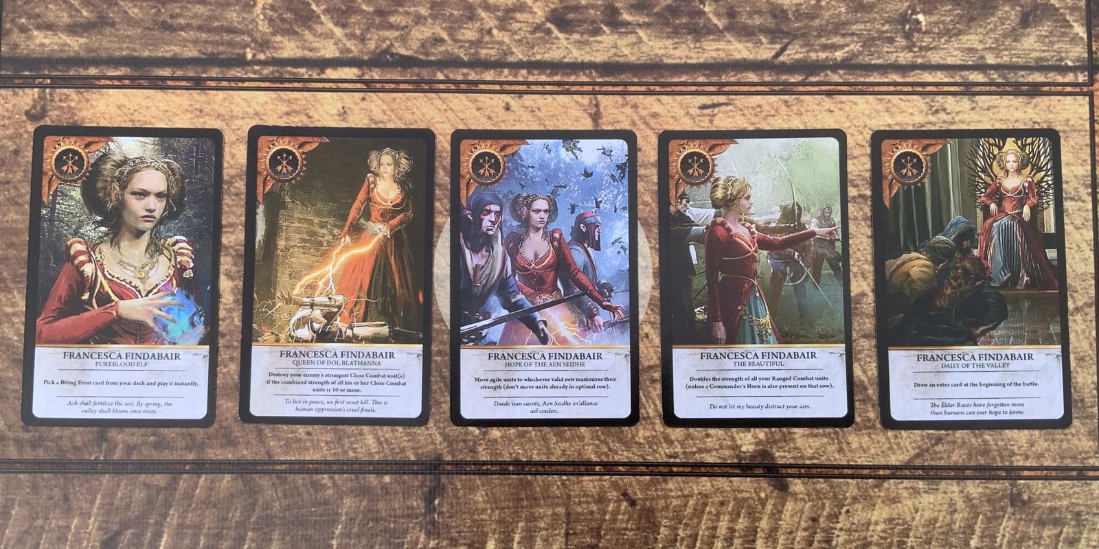 The five Francesca Findabair Scoia'tael faction leader Gwent card options from The Witcher 3