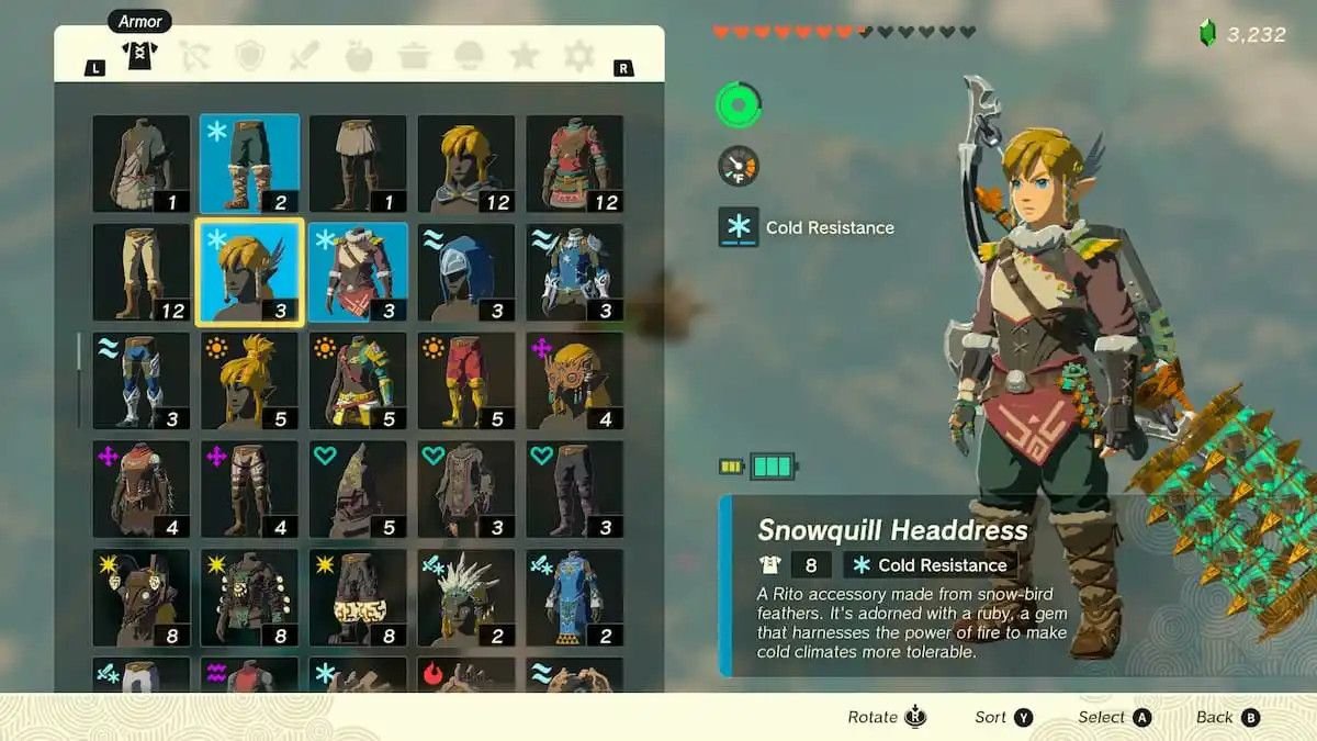 Link wearing the Snowquill set in Tears of the Kingdom.