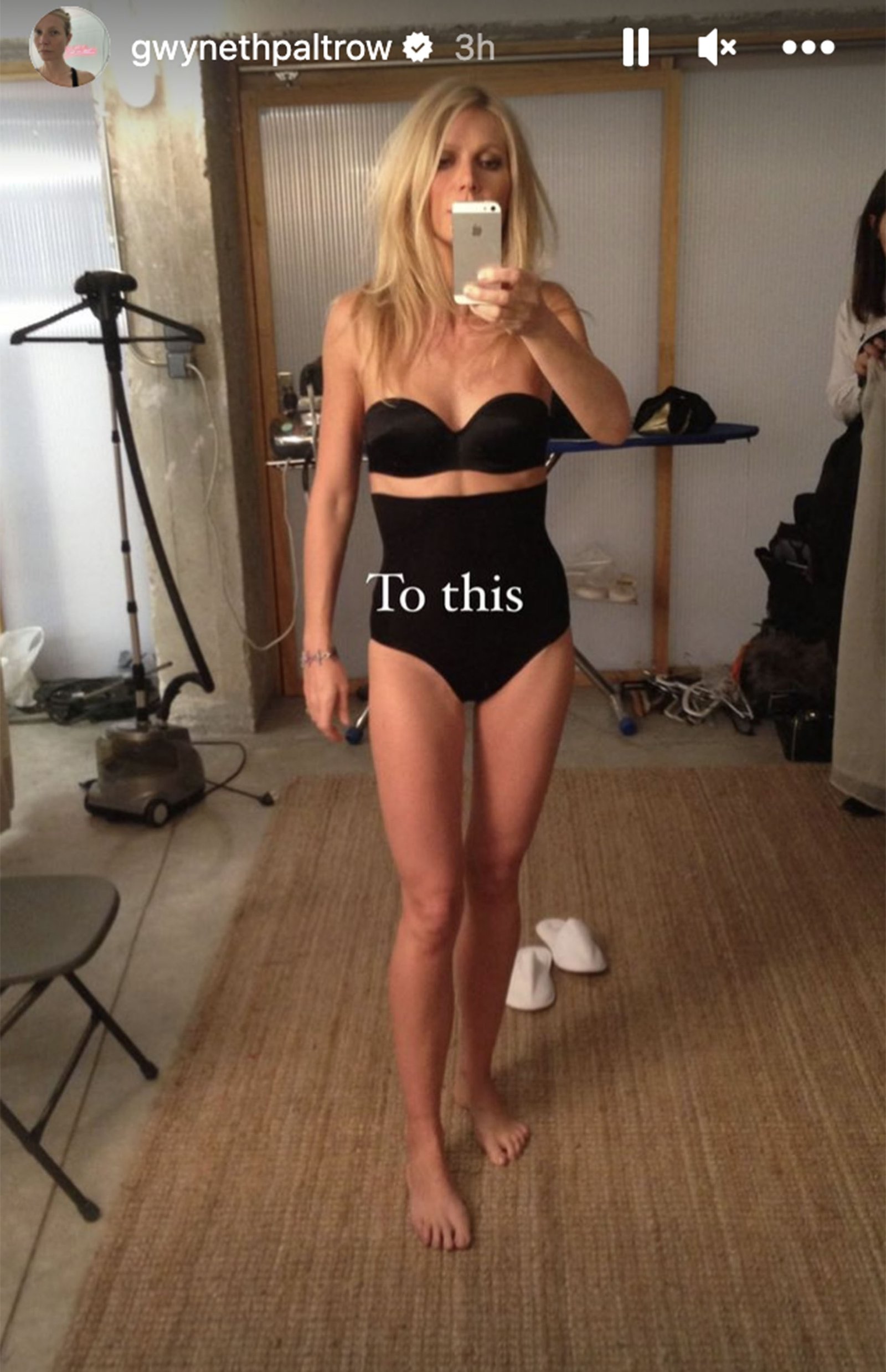 A mirror selfie of Gwyneth Paltrow in a black bra and undies.