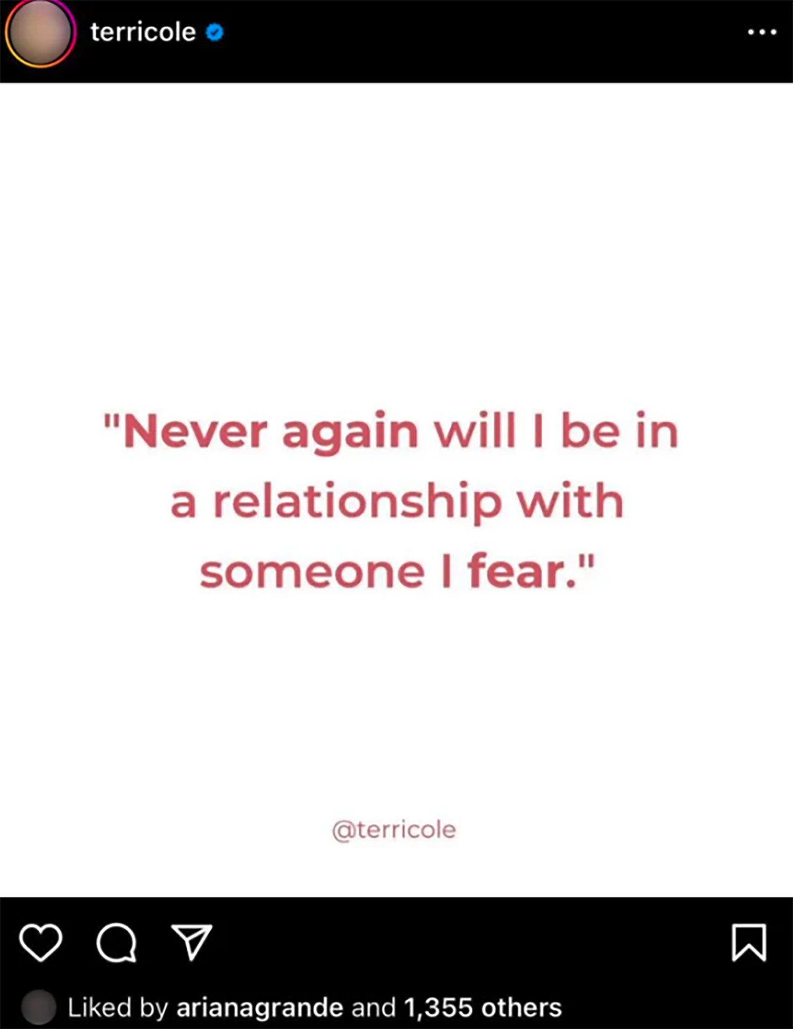 Instagram post reading "Never again will I be in a relationship with someone I fear."