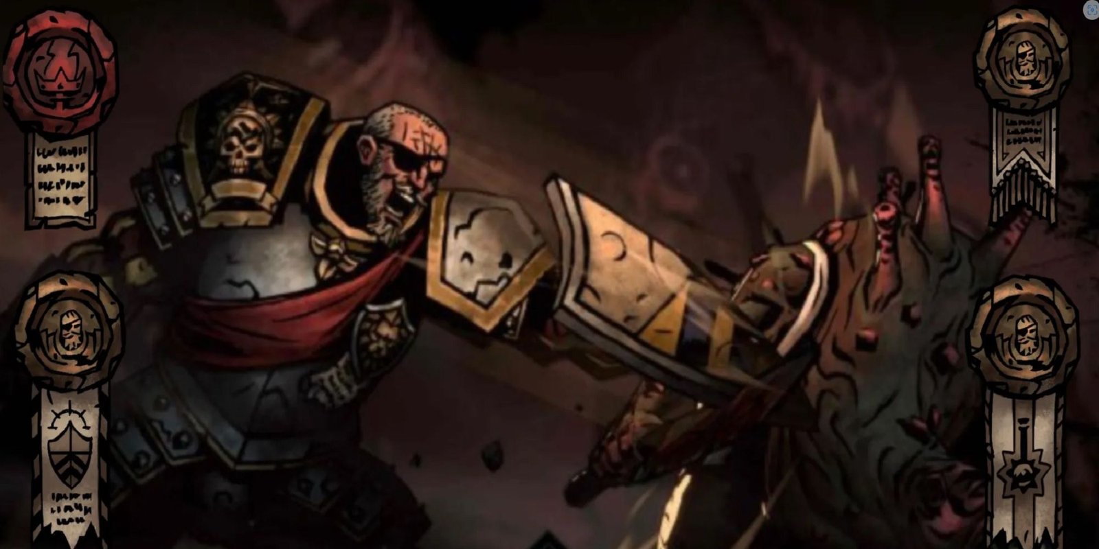 The Hero Man-at-Arms from Darkest Dungeon 2 using his Shield Bash skill with icons for the possible hero paths shown on the perimeter