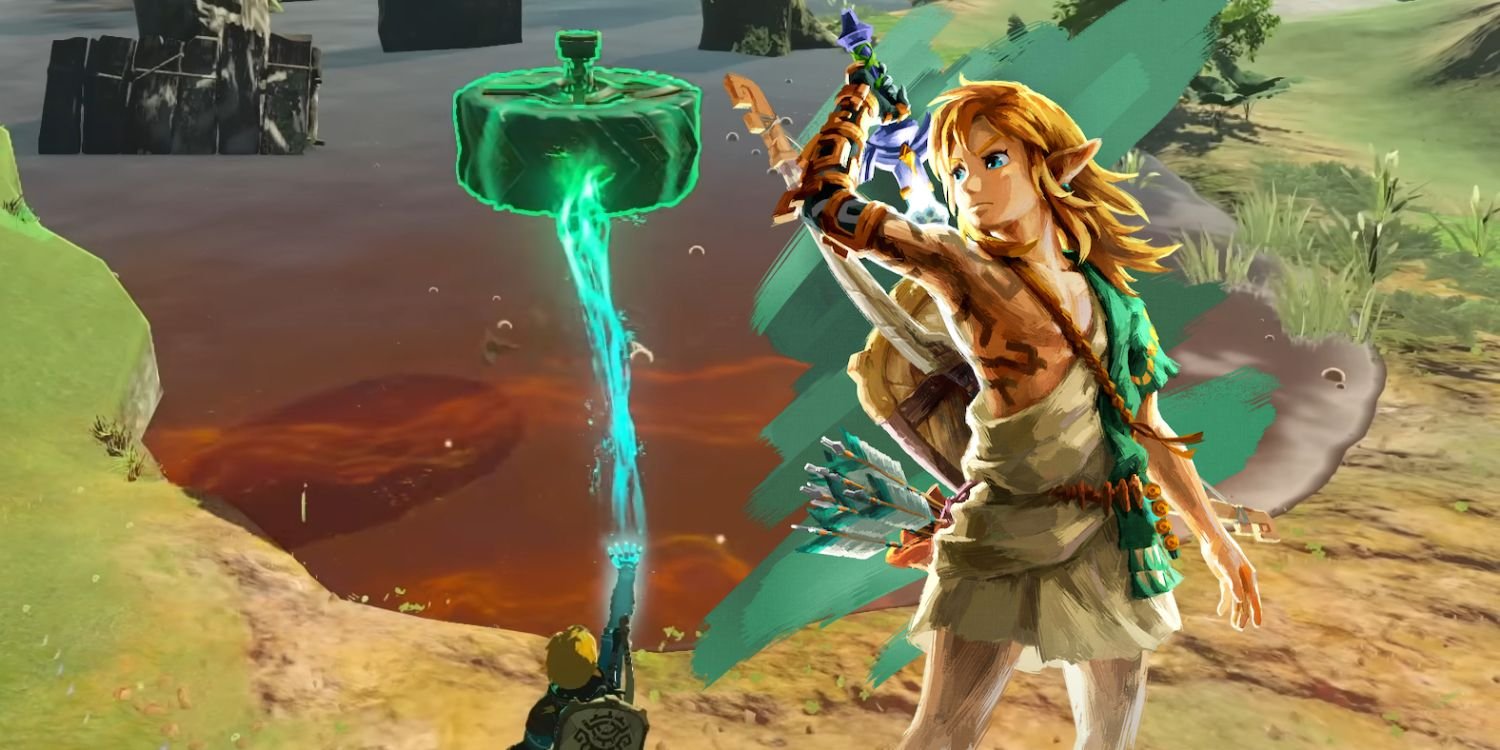 Official splash artwork of Link from Tears of the Kingdom in front of a screenshot of him using Ultrahand to lift a wheel out of a tar pit.