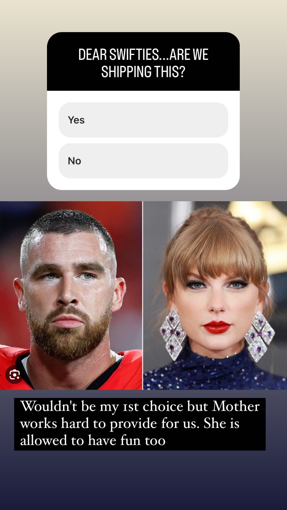 Taking to his Instagram Story, the self-confessed Swiftie posted a poll asking fans if they "ship" the rumored pairing.